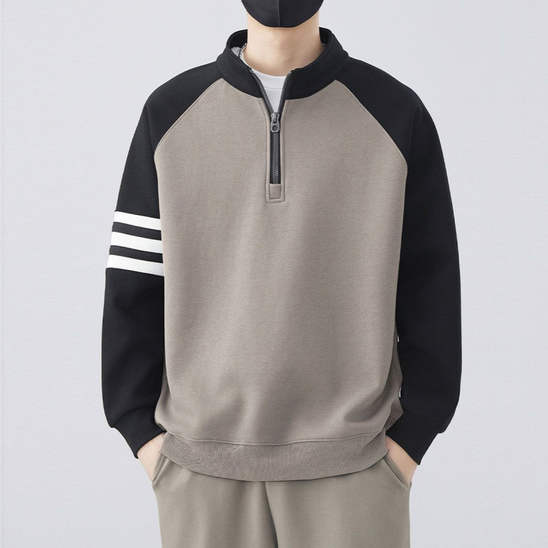 拼接撞色打底衫帥氣休閒半拉鍊長袖T恤