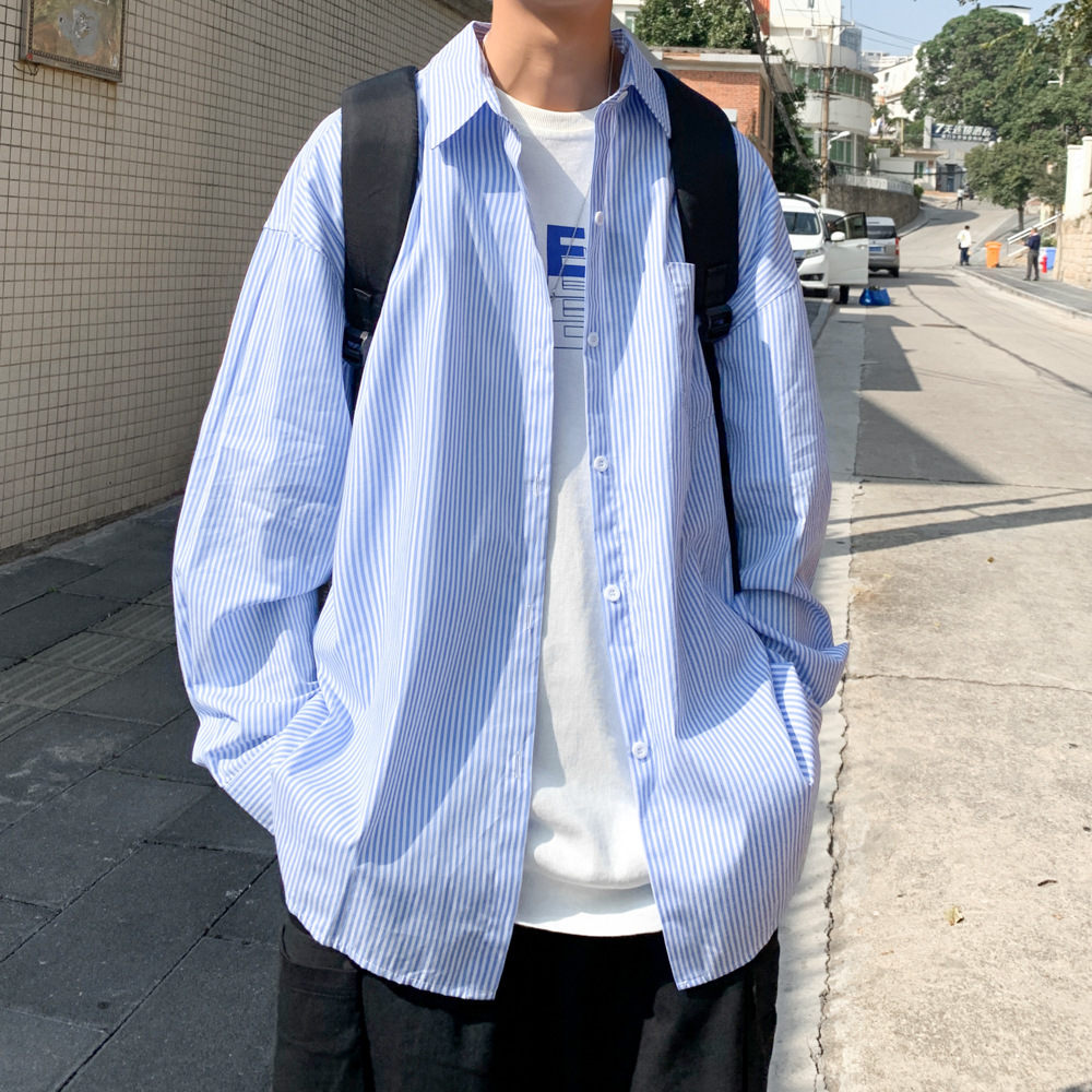 條紋日系痞帥小眾潮長袖襯衫