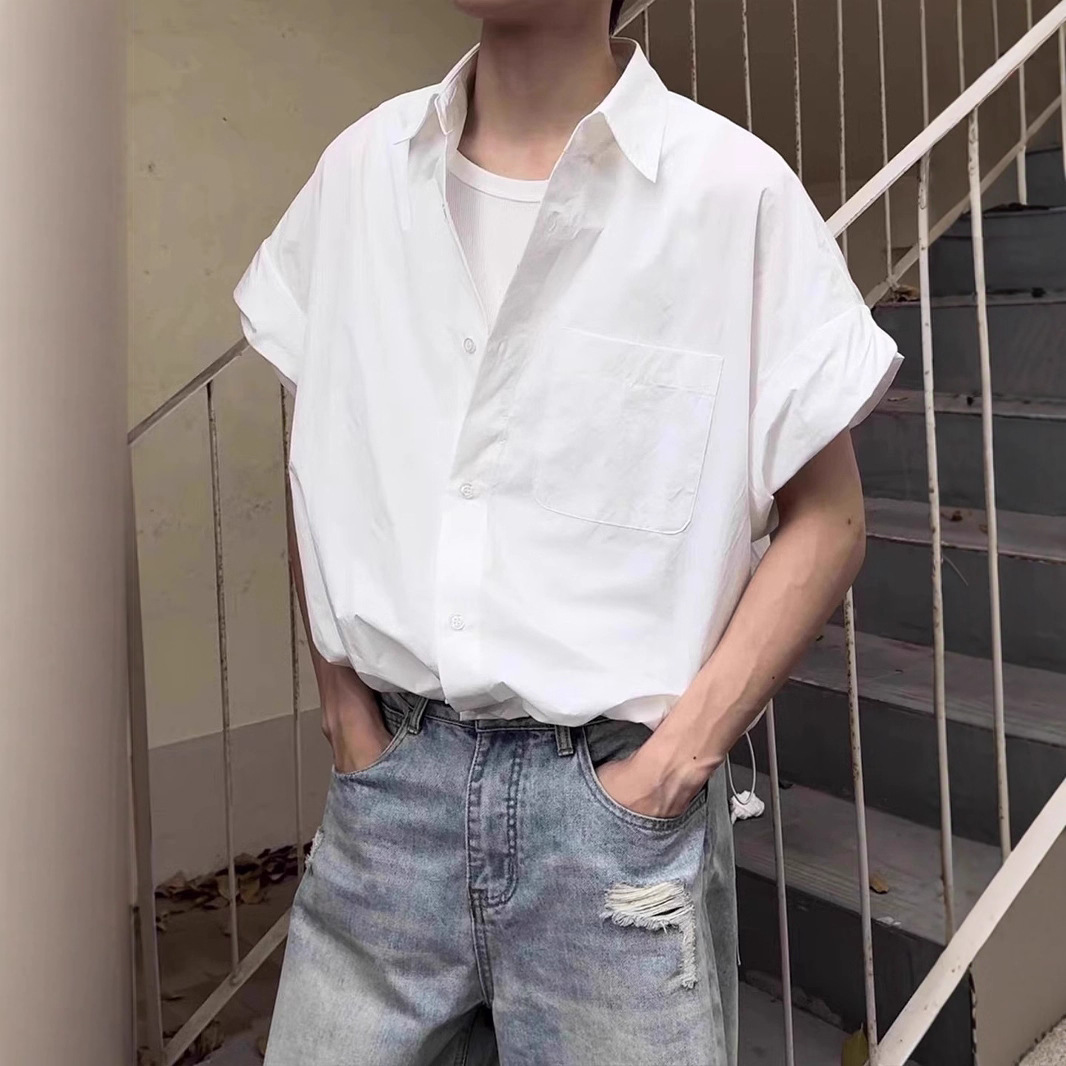 美式慵懶風痞帥高級感抽繩工裝冰絲短袖襯衫