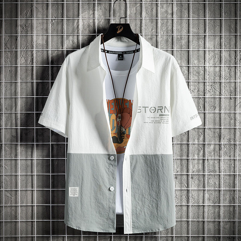 襯衫短袖男士夏季薄款休閑痞帥五分半袖襯衣寬鬆冰絲寸衣工裝外套
