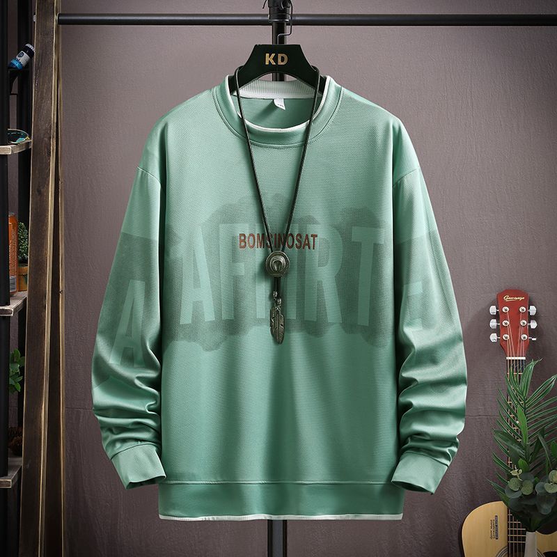 春秋季時尚潮流圓領印花寬鬆打底長袖T恤