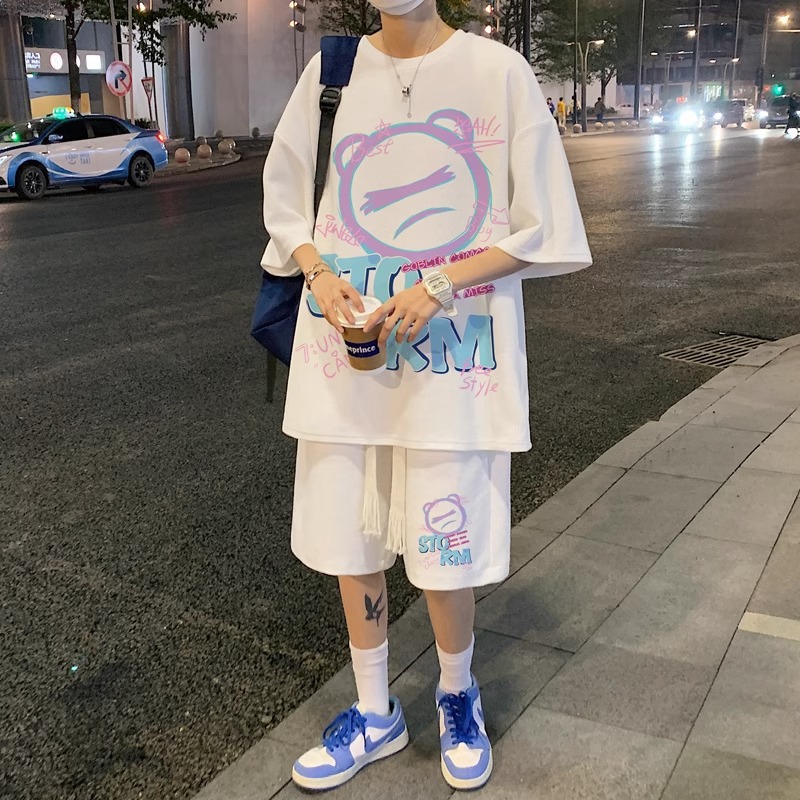 【整套】華夫格運動卡通印花高級感痞帥寬鬆痞帥套裝