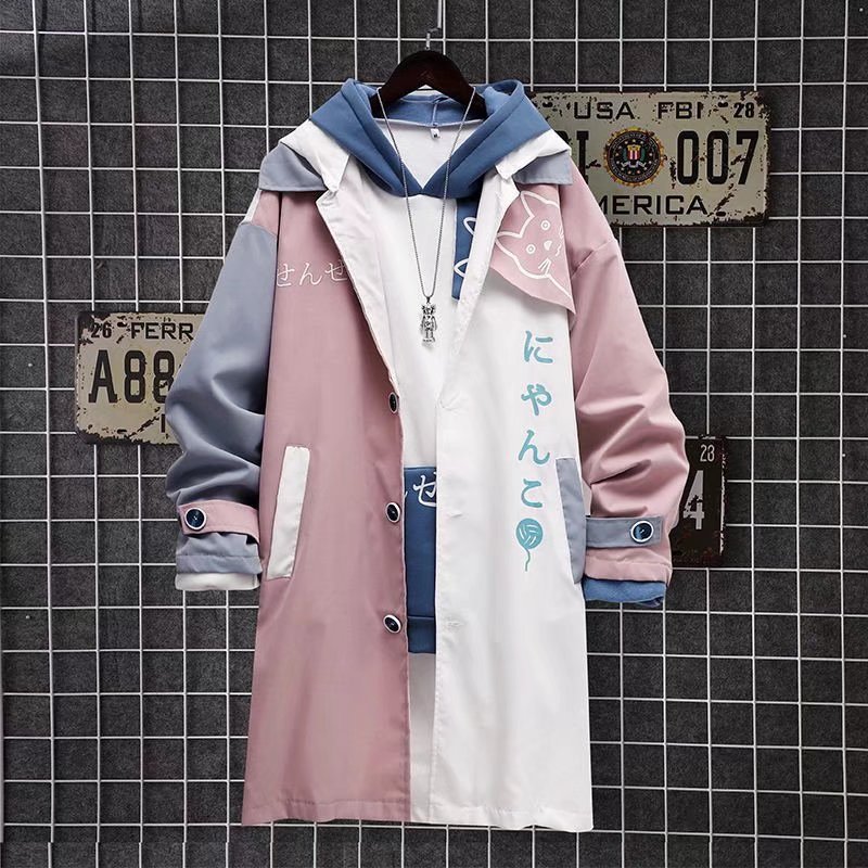 日系藍色ins貓咪連帽中長款寬鬆風衣外套