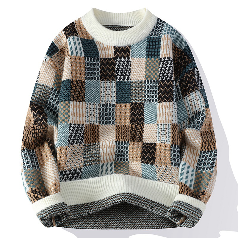 寬鬆休閒保暖針織衫圓領打底帥氣格子毛衣