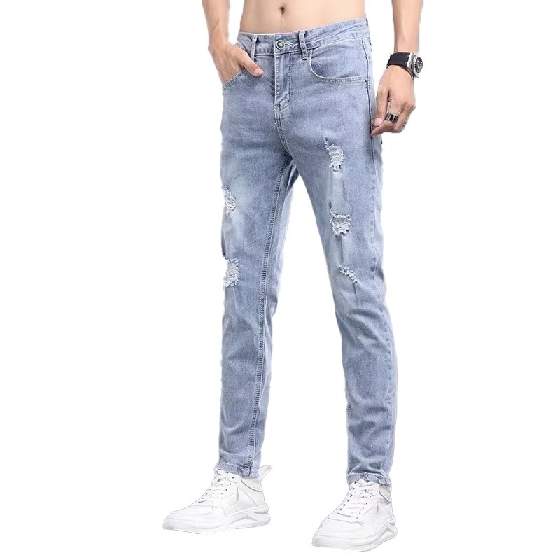 破洞牛仔韓版修身九分小腳潮牌褲裝