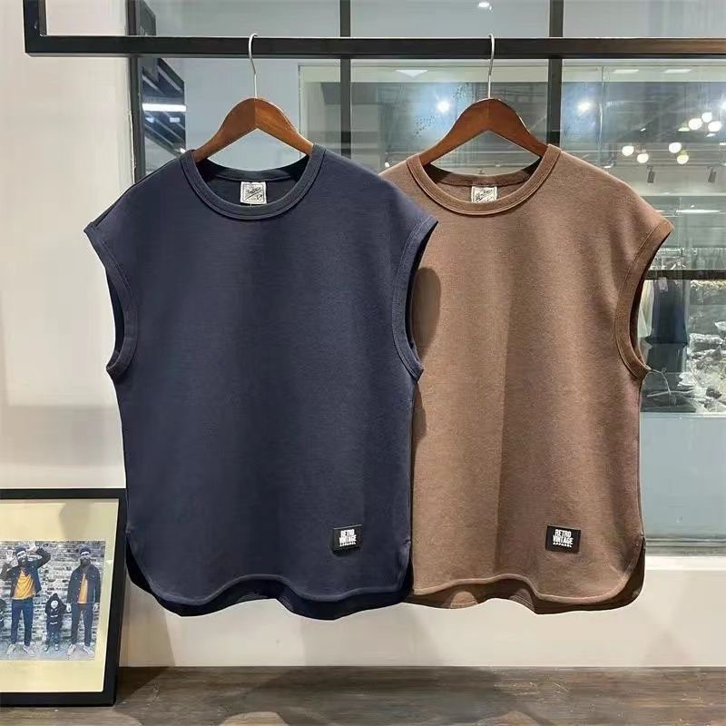 夏季新款背心男透氣寬鬆無袖T恤寬肩上衣美式重磅純色圓領坎肩潮