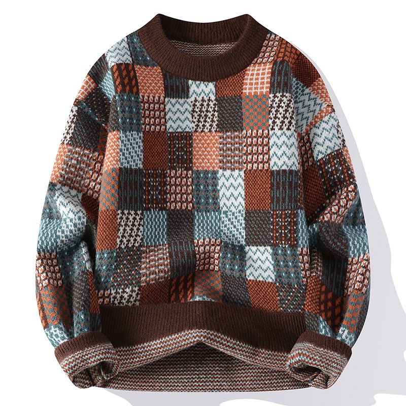 寬鬆休閒保暖針織衫圓領打底帥氣格子毛衣