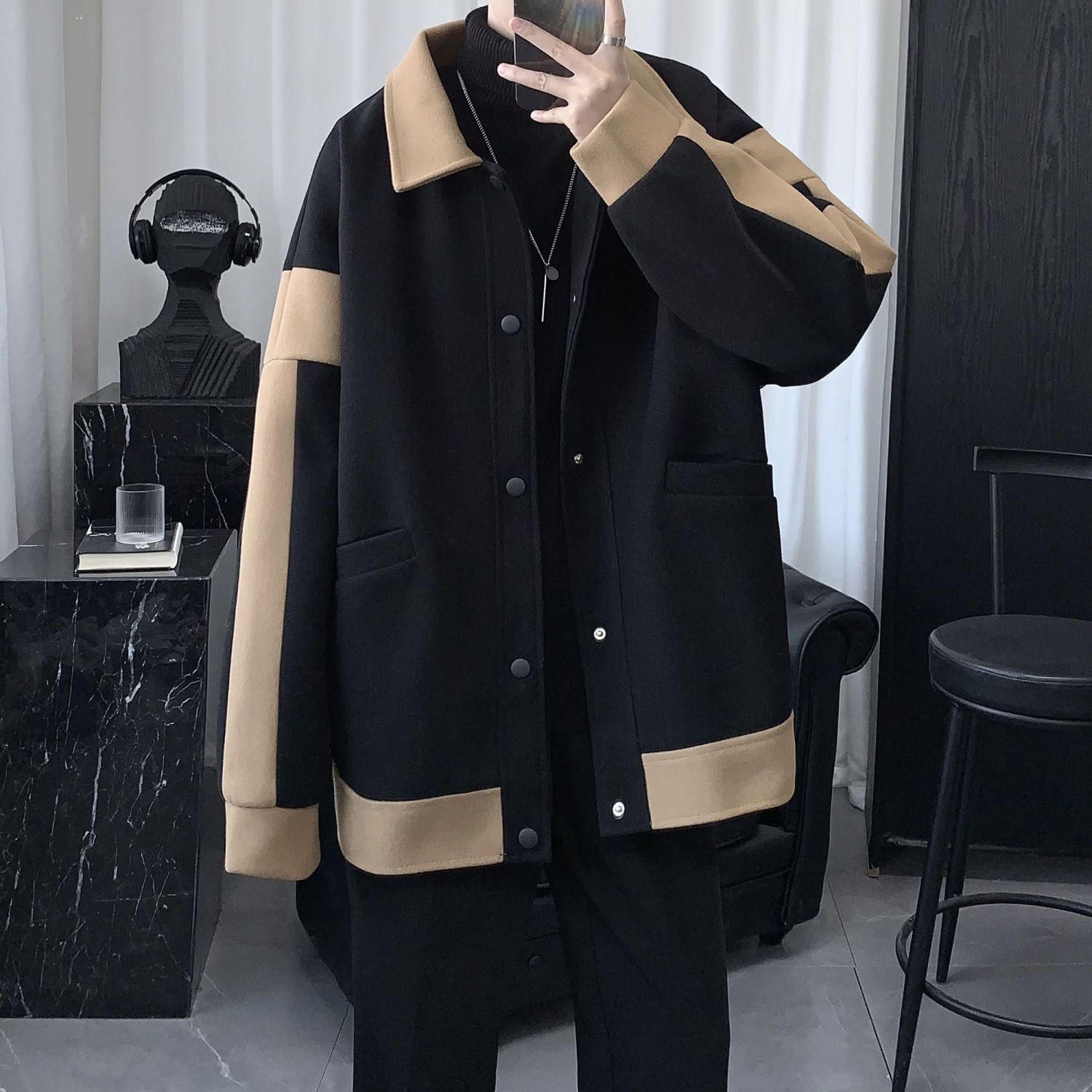 【單件/套裝】潮流韓版加厚毛呢夾克外套+高領毛衣+刷毛百搭西裝褲三件套