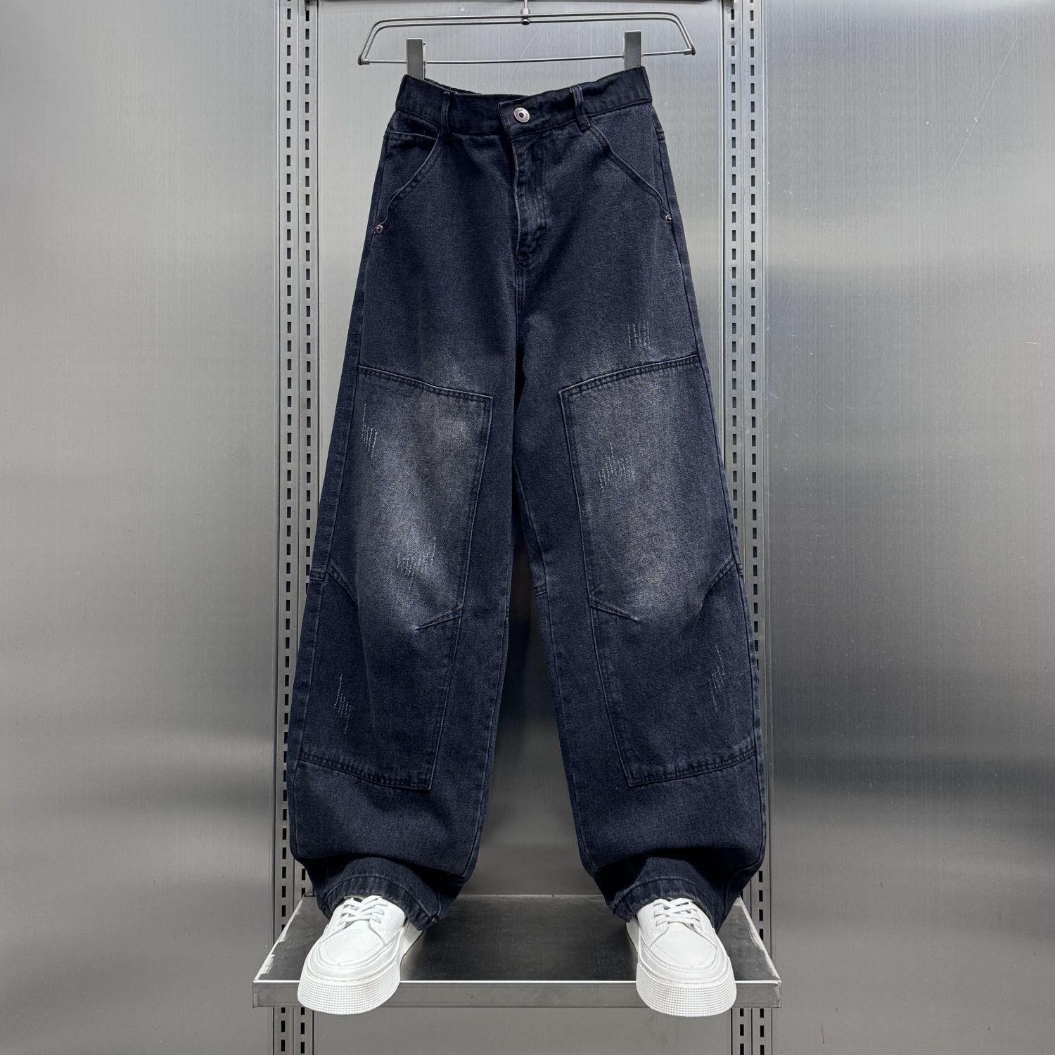 潮牌美式拼接工裝寬鬆高街痞帥直筒闊腿牛仔褲