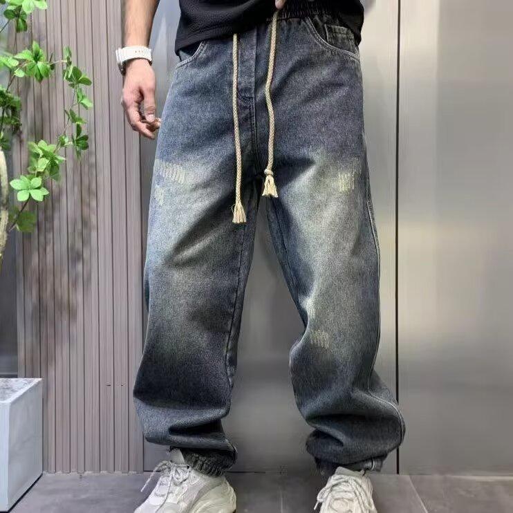 美式復古漸變闊腿大碼破洞直筒休閒牛仔褲
