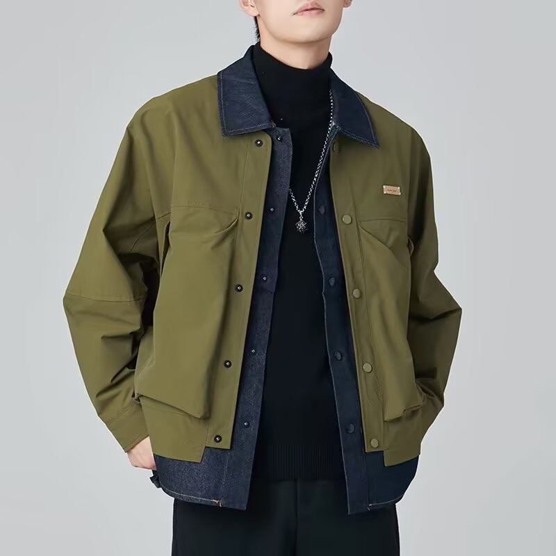 假兩件設計感潮牌寬鬆翻領夾棉夾克外套