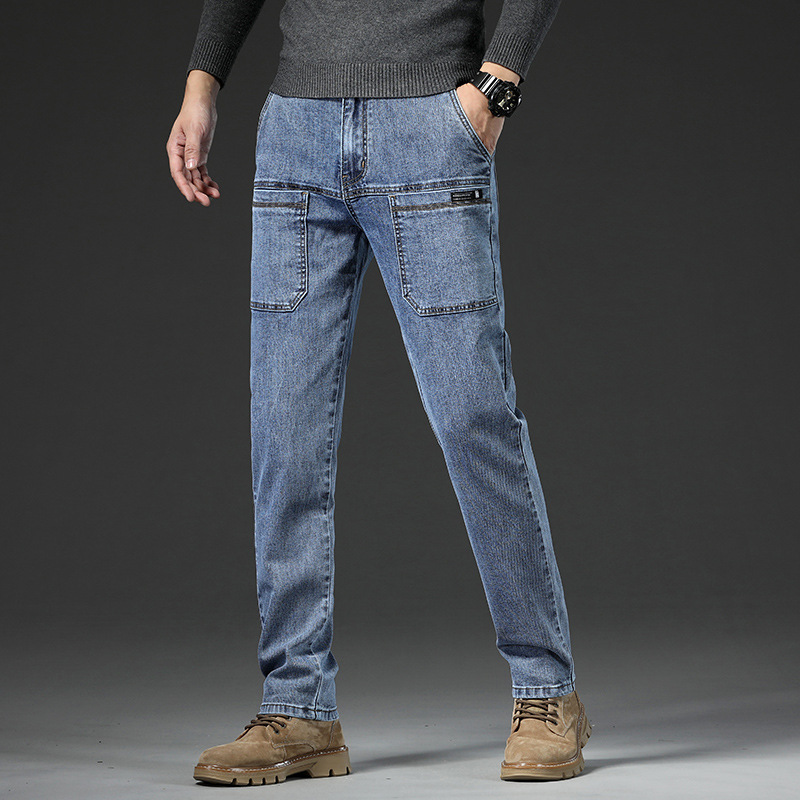 彈力多口袋寬鬆直筒個性六兜休閒牛仔褲