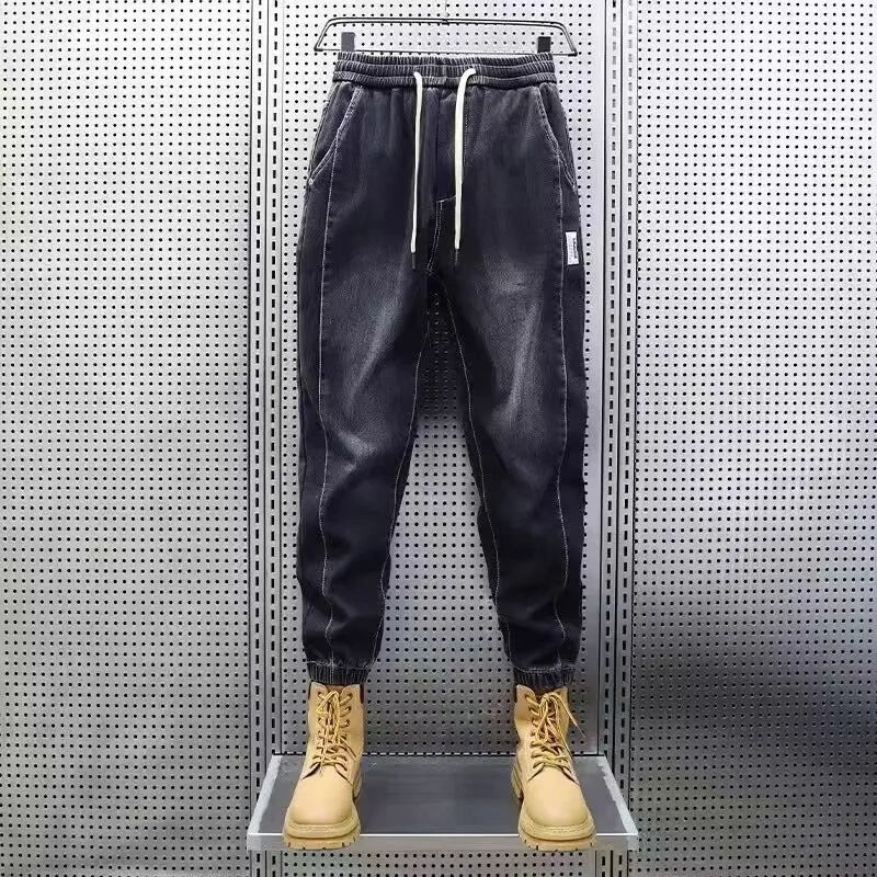 潮流拼接寬鬆百搭哈倫褲束腳休閒牛仔褲