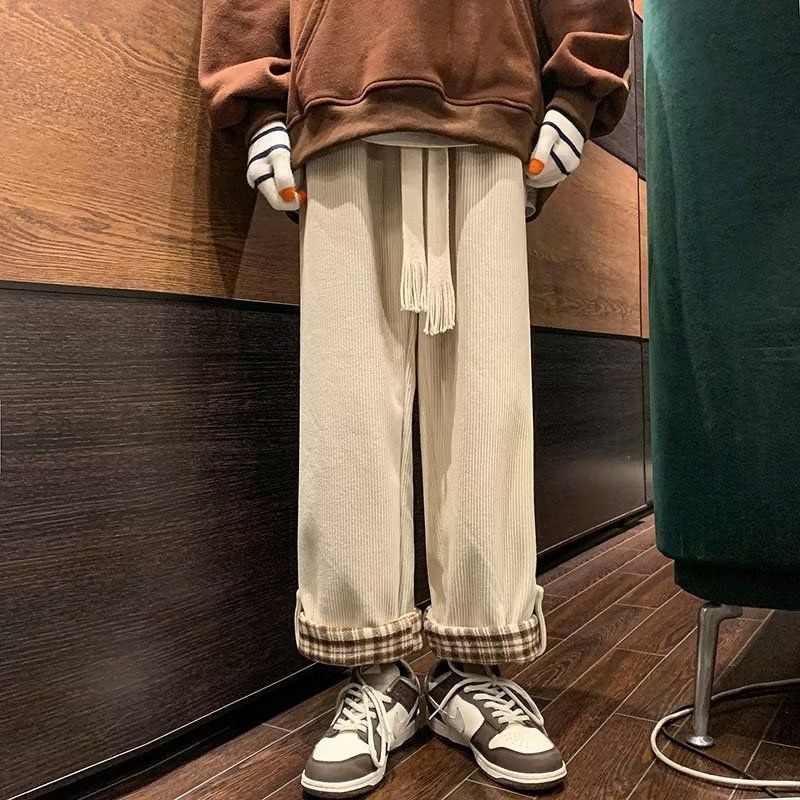 日系燈芯絨格子翻邊闊腿直筒復古褲裝