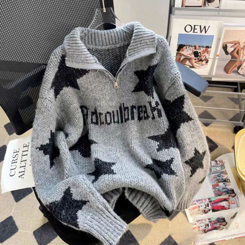 大碼星星提花美式復古寬鬆半拉鏈立領毛衣