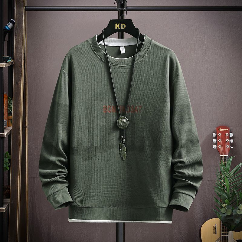 春秋季時尚潮流圓領印花寬鬆打底長袖T恤