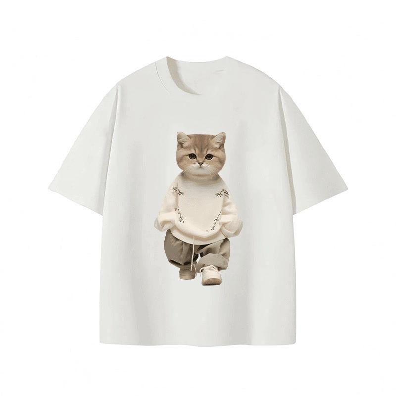 高品質運動休閒圓領貓咪印花純棉短袖T恤