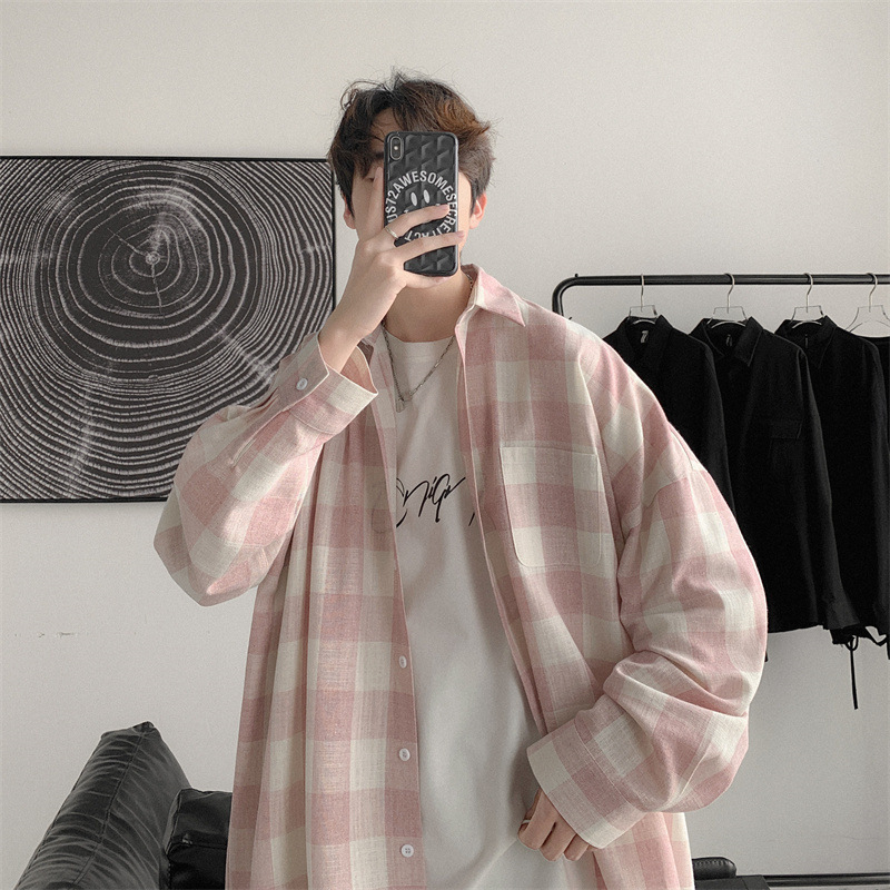 格子ins港風痞帥韓版設計長袖襯衫