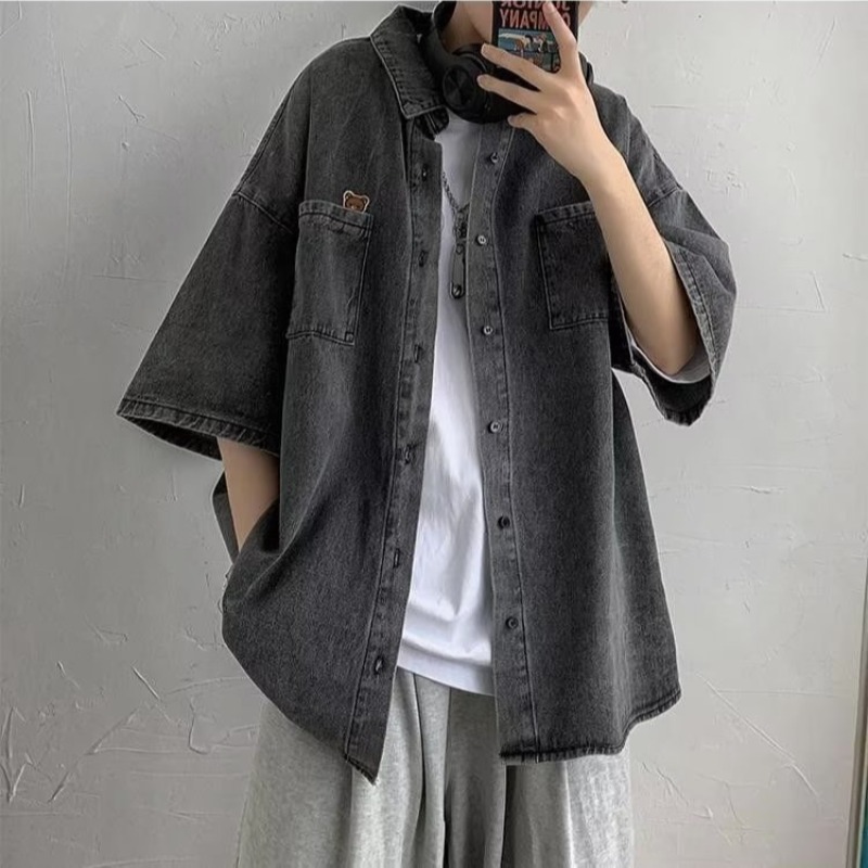 夏季短袖牛仔襯衫男ins潮牌港風日系小眾設計感休閒寬鬆半袖外套