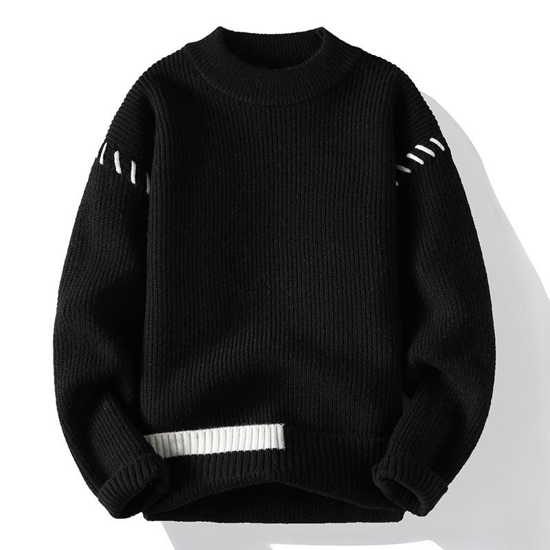 半高領潮流休閒套頭撞色針織衫