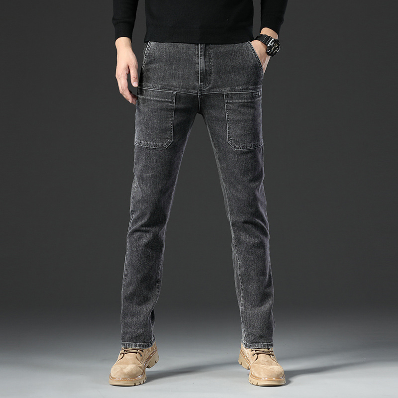 彈力多口袋寬鬆直筒個性六兜休閒牛仔褲