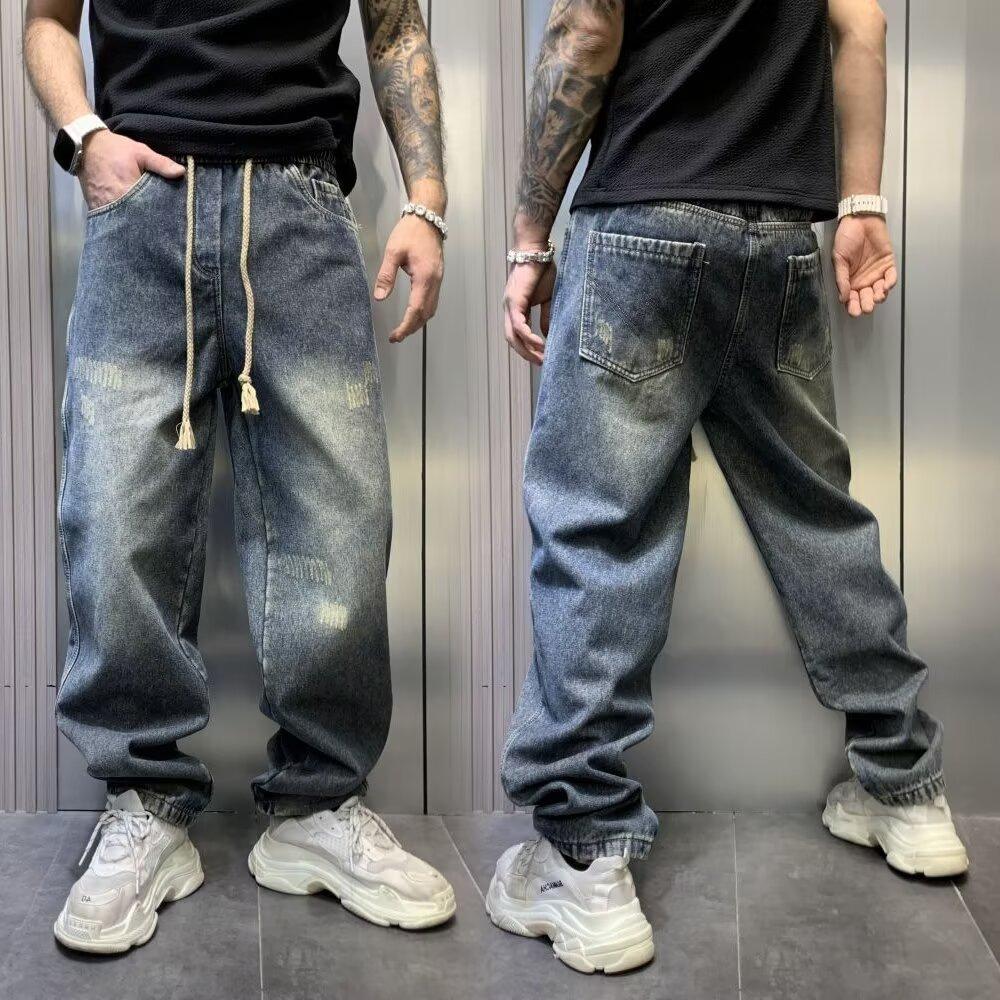 美式復古漸變闊腿大碼破洞直筒休閒牛仔褲