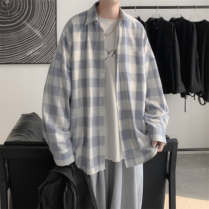 格子ins港風痞帥韓版設計長袖襯衫