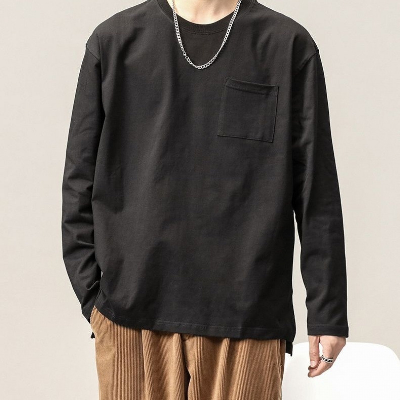 日系簡約寬鬆胸口袋休閒百搭重磅純棉打底衫長袖T恤