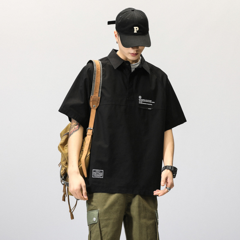 日系工裝polo領襯衫男夏季純棉美式復古短袖t恤潮牌翻領半袖襯衣