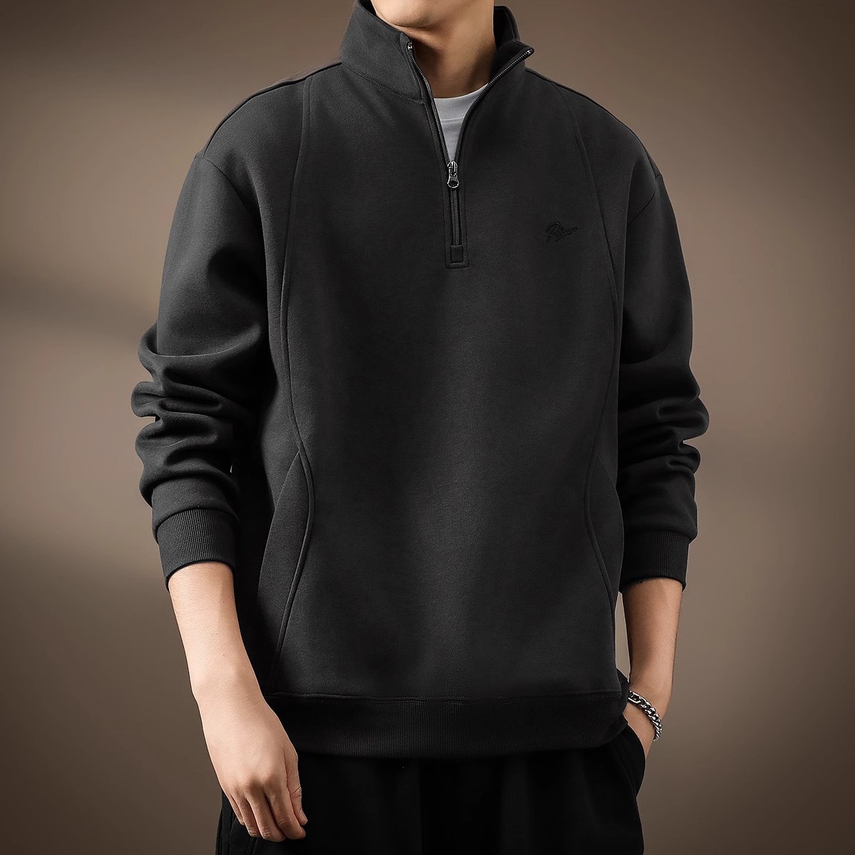 重磅美式半拉鍊立領刷毛寬鬆大碼復古Polo衫