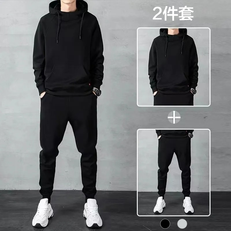 當季熱賣！【套裝】簡約連帽長袖拉鍊夾克+休閒束腳運動褲裝兩件套裝