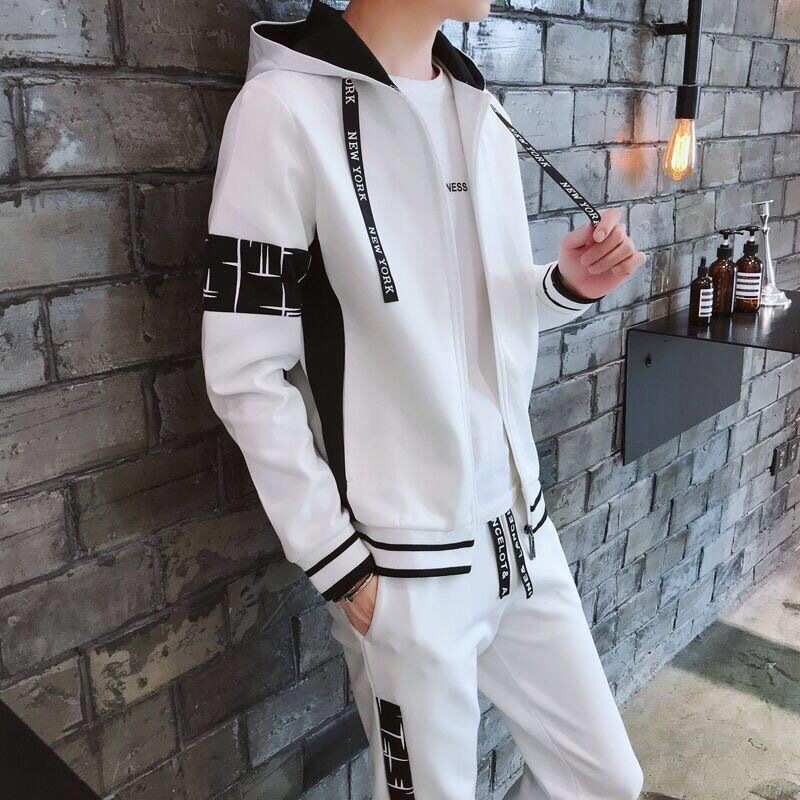 【套裝】連帽帥氣韓版長袖開衫/衛衣+運動潮撞色褲裝兩件套套裝