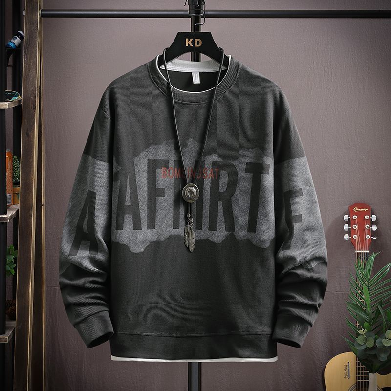 春秋季時尚潮流圓領印花寬鬆打底長袖T恤