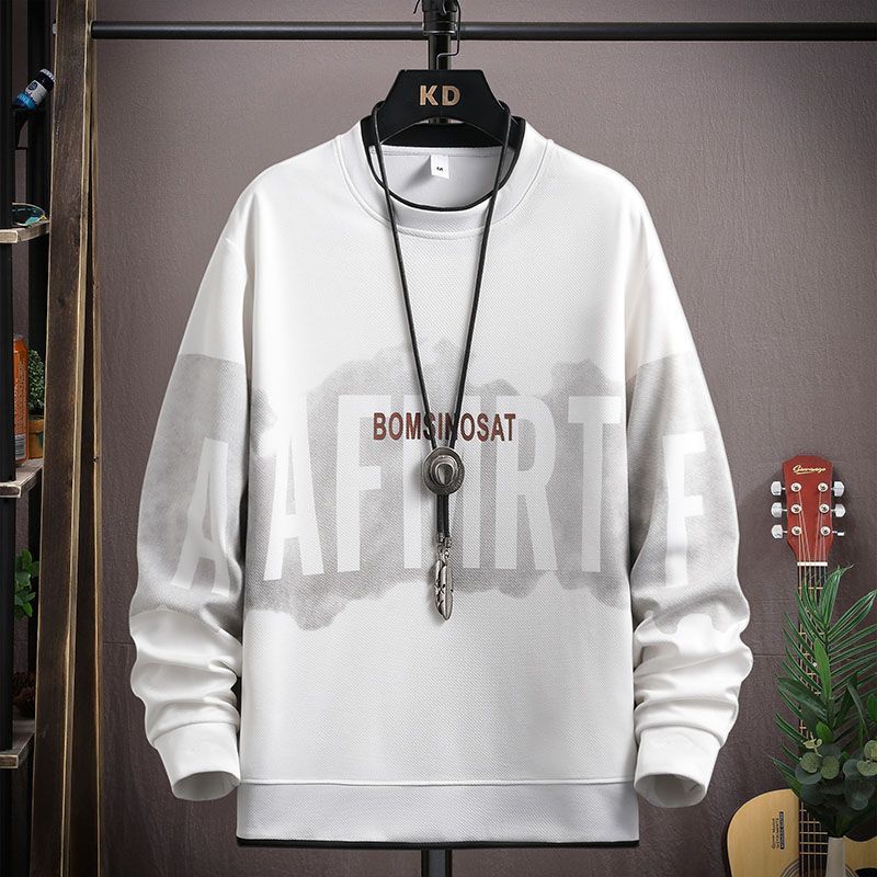 春秋季時尚潮流圓領印花寬鬆打底長袖T恤