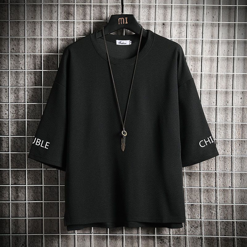 春夏季簡約七分袖男T恤寬鬆半截袖ins潮牌加肥加大碼短袖體恤上衣