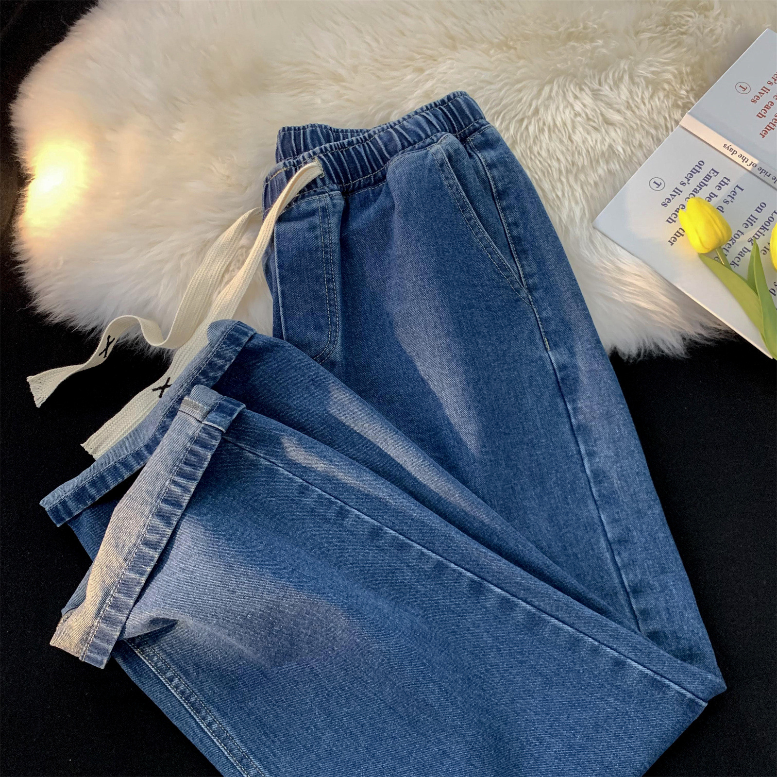 復古休閒vintage抽繩直筒水洗牛仔褲裝