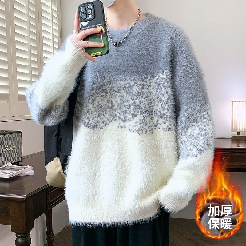 水貂毛衣圓領加厚保暖寬鬆潮流針織衫