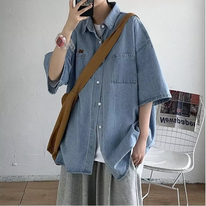 夏季短袖牛仔襯衫男ins潮牌港風日系小眾設計感休閒寬鬆半袖外套