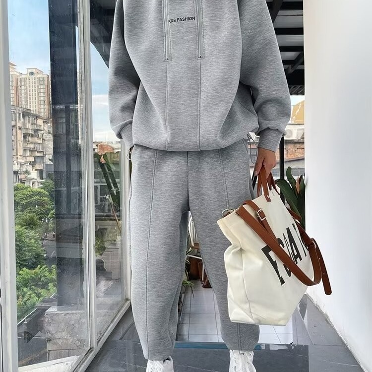 【整套】港風時尚半開雙拉鍊設計寬鬆大碼上衣+運動束腳休閒褲兩件套裝