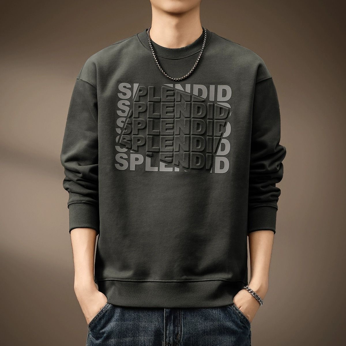 潮牌美式重磅字母鋼印寬鬆大碼打底圓領長袖T