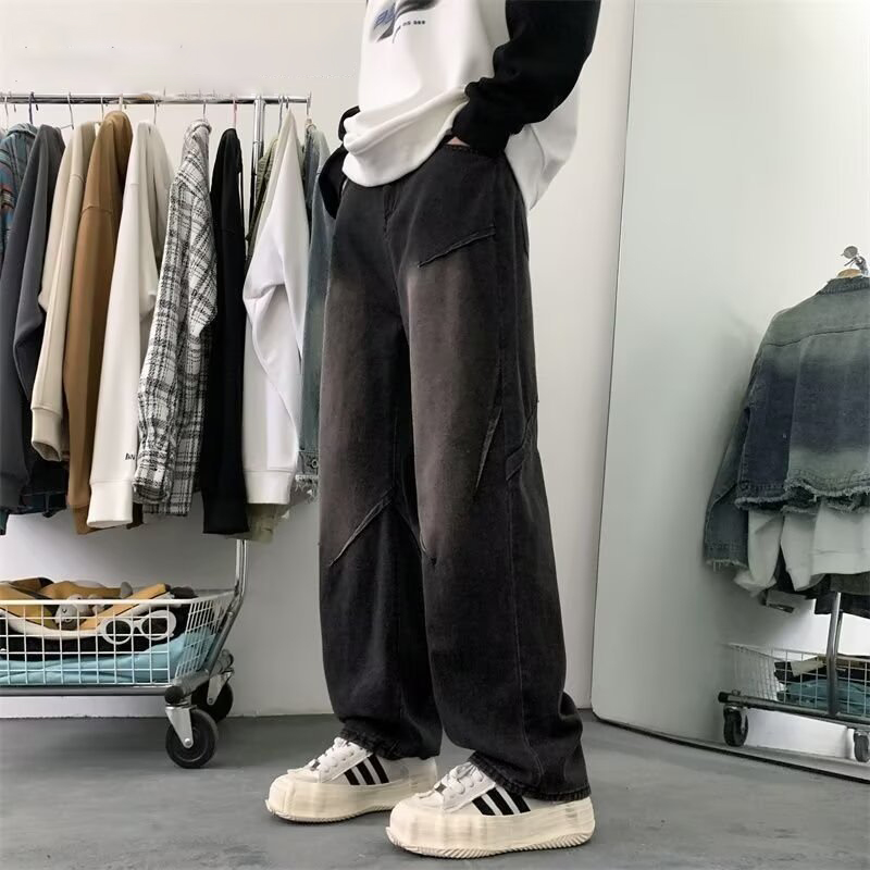 美式復古潮流闊腿褲直筒系帶牛仔褲褲裝