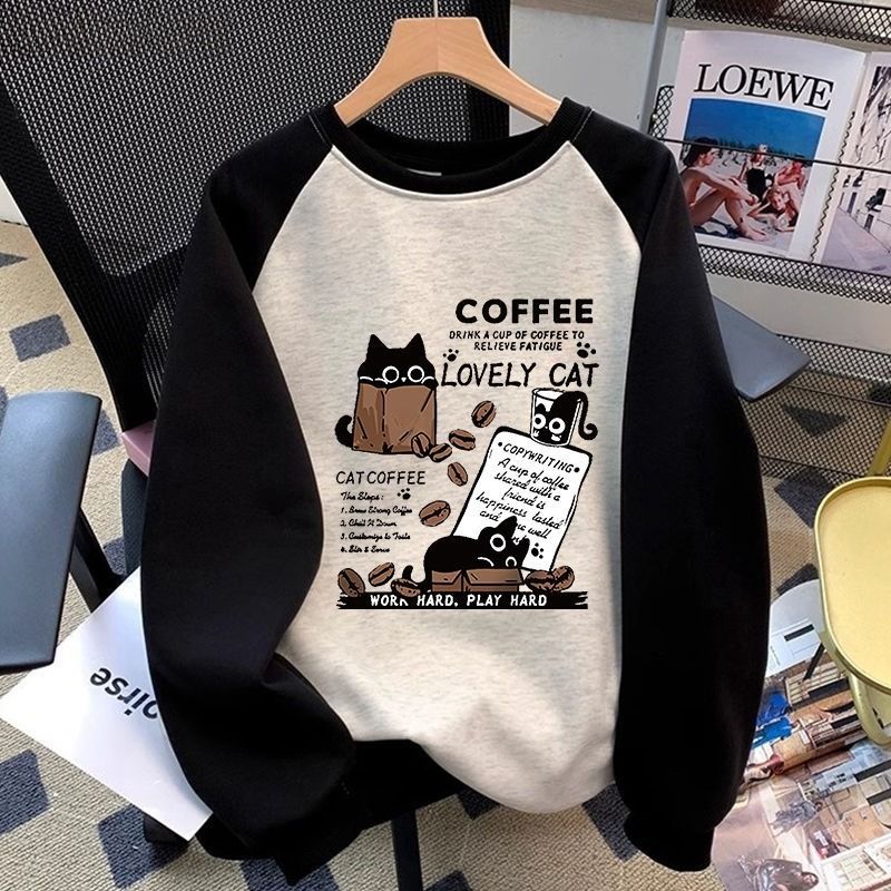 美式重磅純棉插肩袖圓領拼色長袖寬鬆情侶衛衣