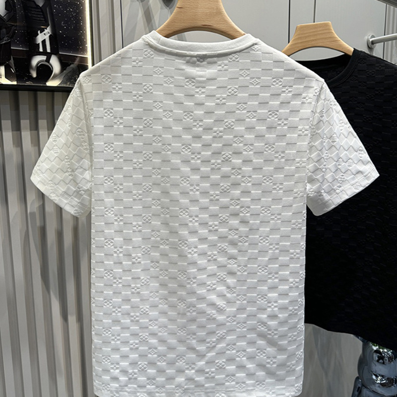 高級感歐貨格子花紋短袖衫男輕奢氣質純色休閒圓領T恤上衣夏