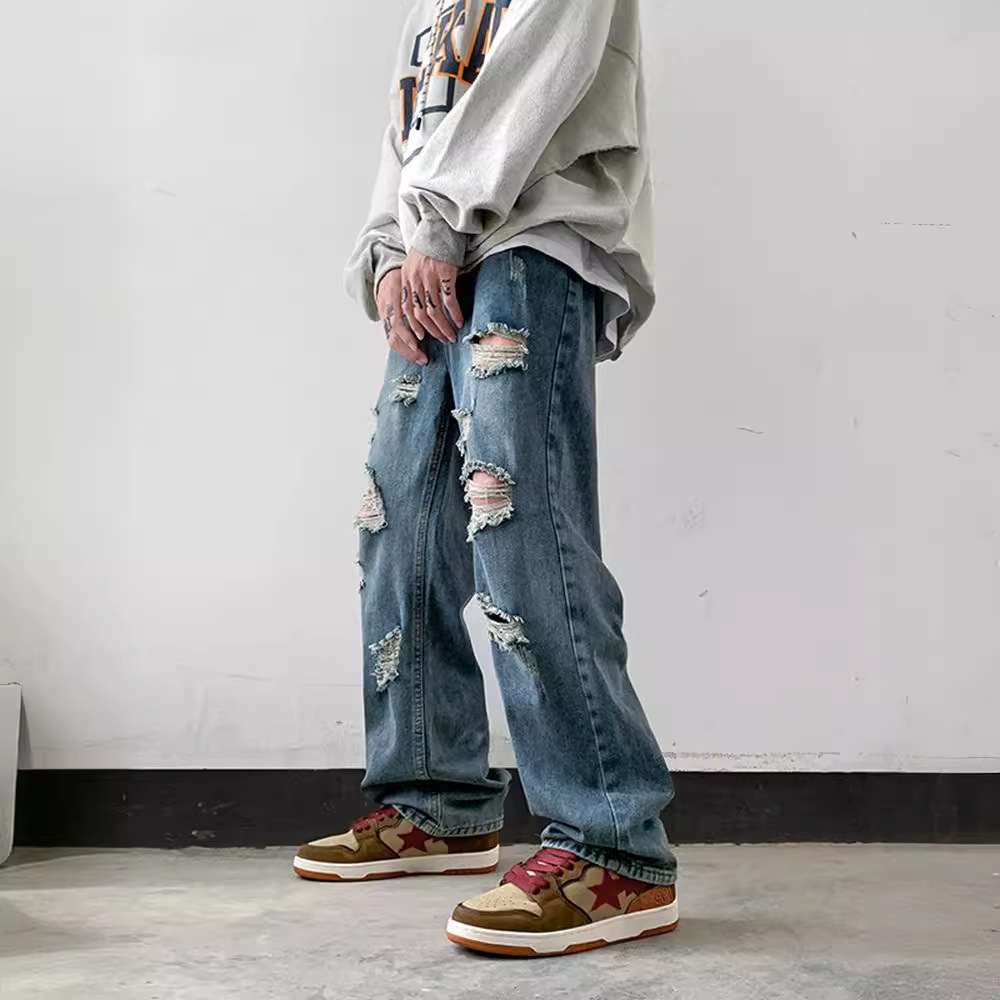 美式vibe風潮流帥氣街頭直筒破洞牛仔褲裝