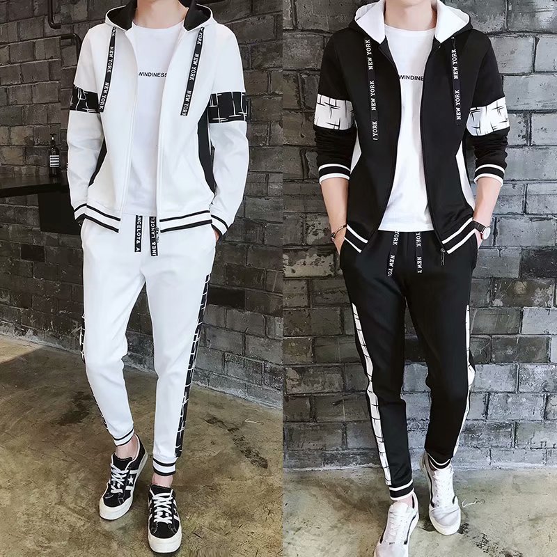 【套裝】連帽帥氣韓版長袖開衫/衛衣+運動潮撞色褲裝兩件套套裝