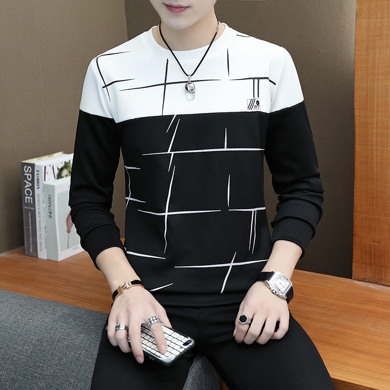 韓版撞色拼接圓領套頭長袖T恤