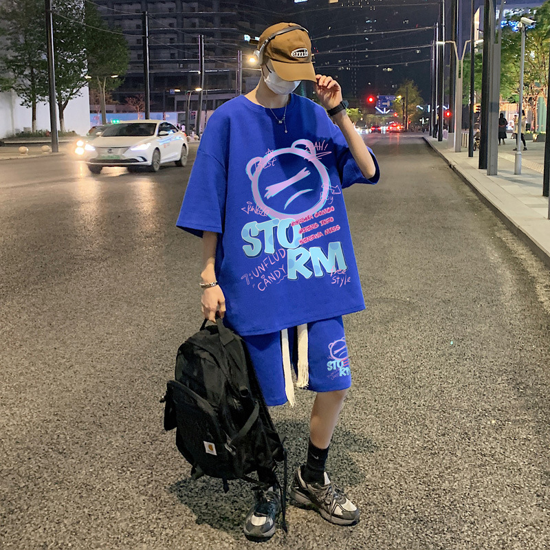 【整套】華夫格運動卡通印花高級感痞帥寬鬆痞帥套裝