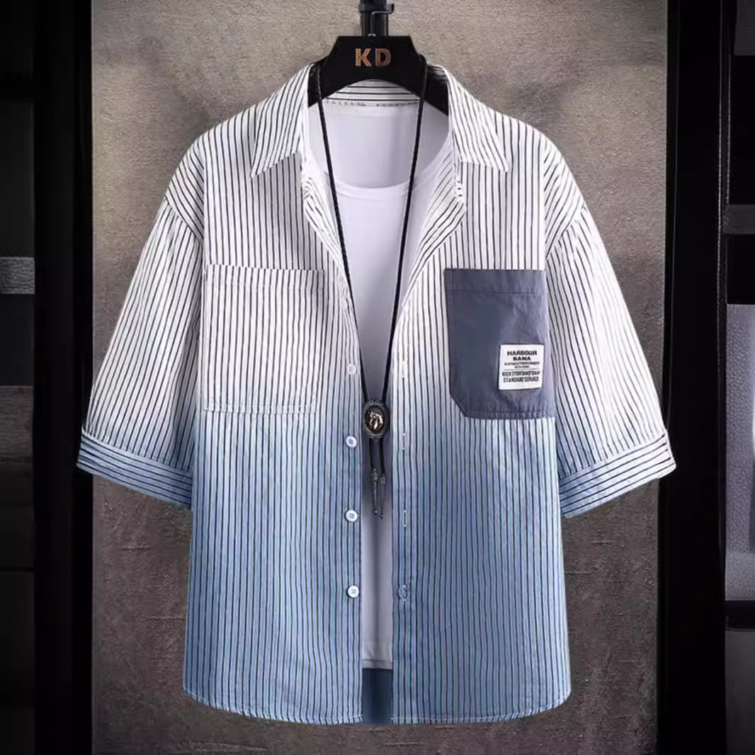 男士襯衫夏季豎條紋肌理感貼標高級感休閒簡約五分短袖襯衫