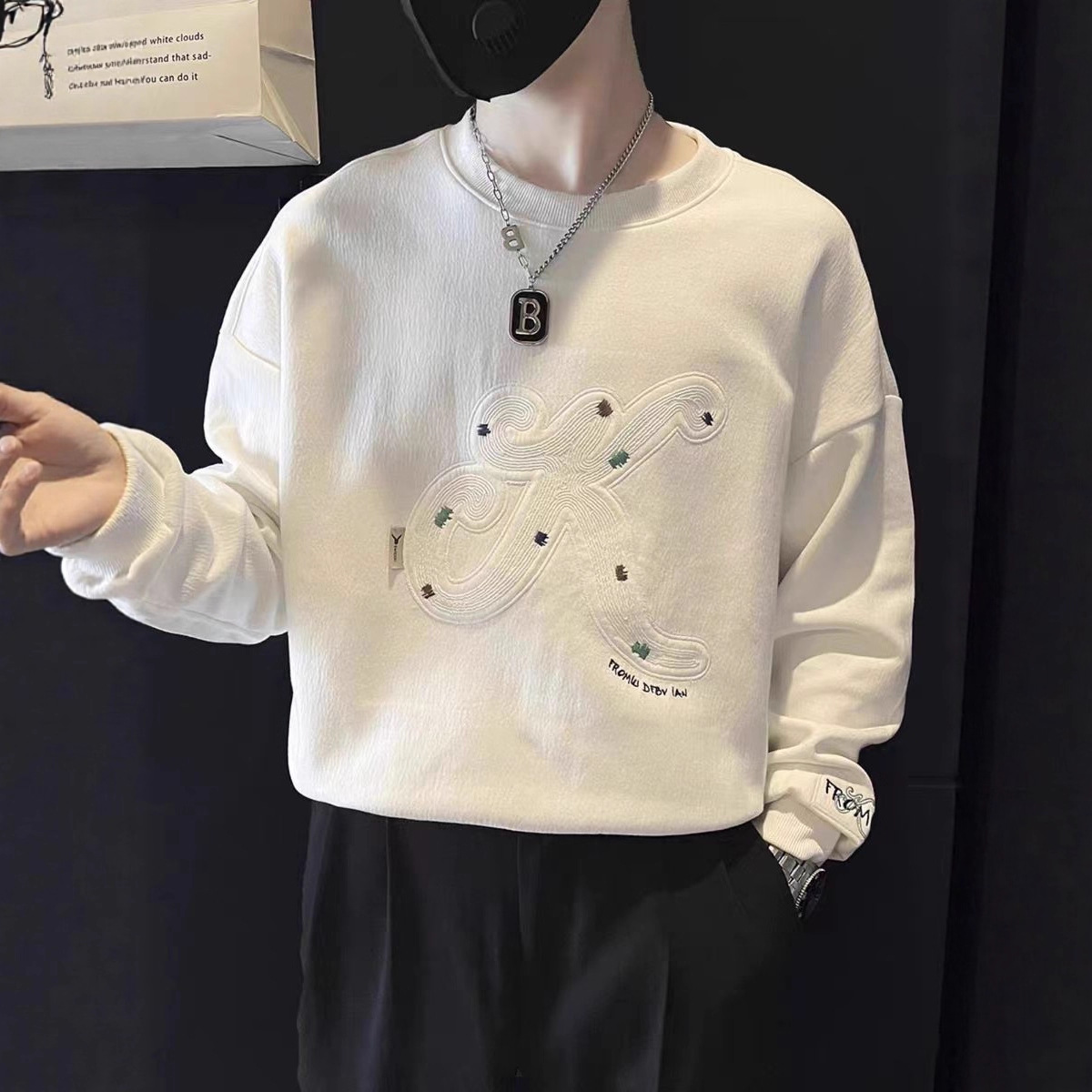 高級感潮流百搭圓領印花套頭長袖t恤