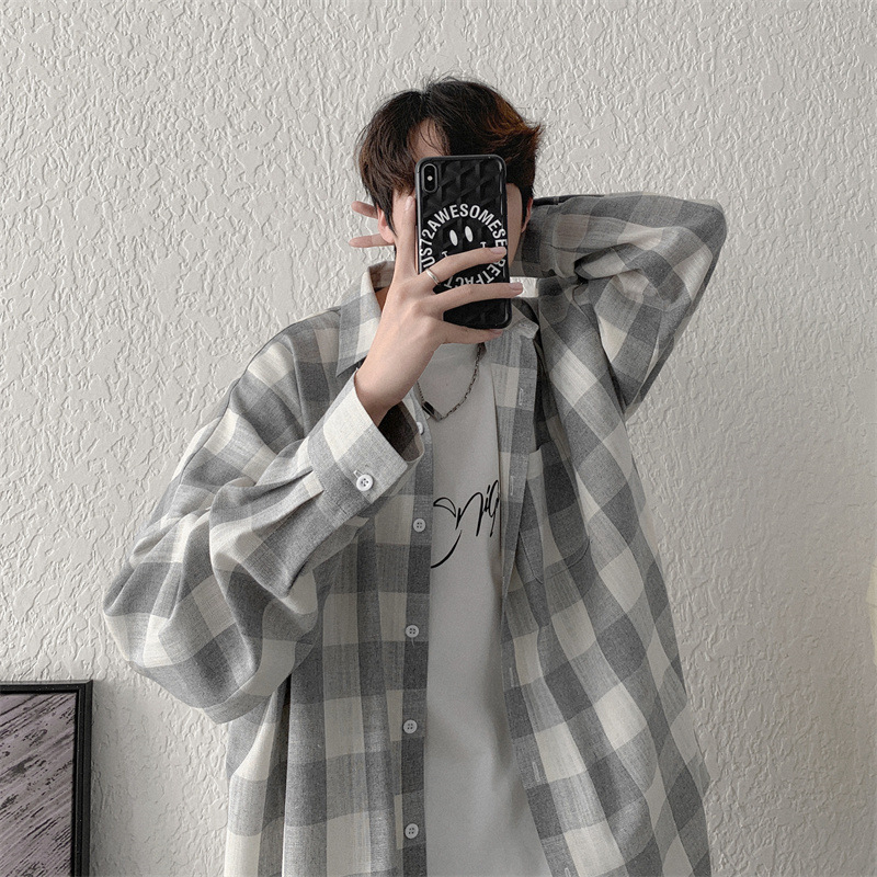 格子ins港風痞帥韓版設計長袖襯衫